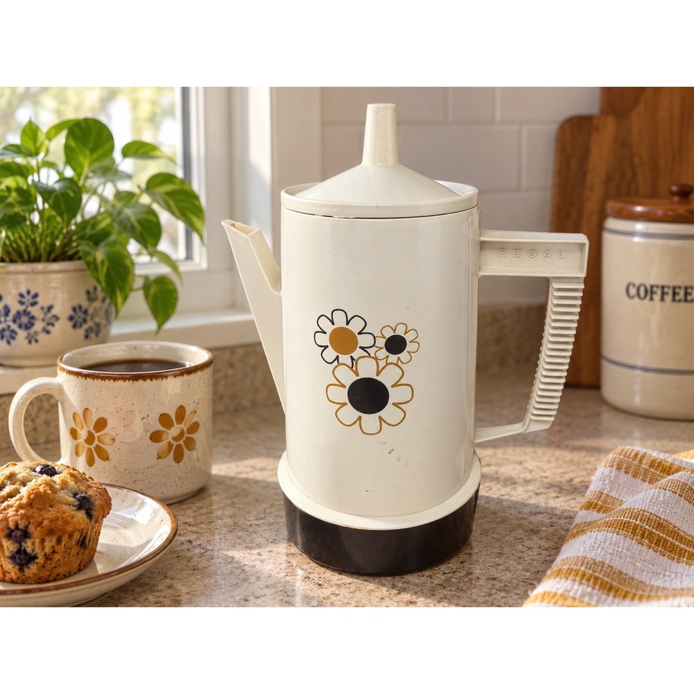 Vintage Regal Poly-Perk Coffee Maker K7508WH Cream Floral 70s Percolator